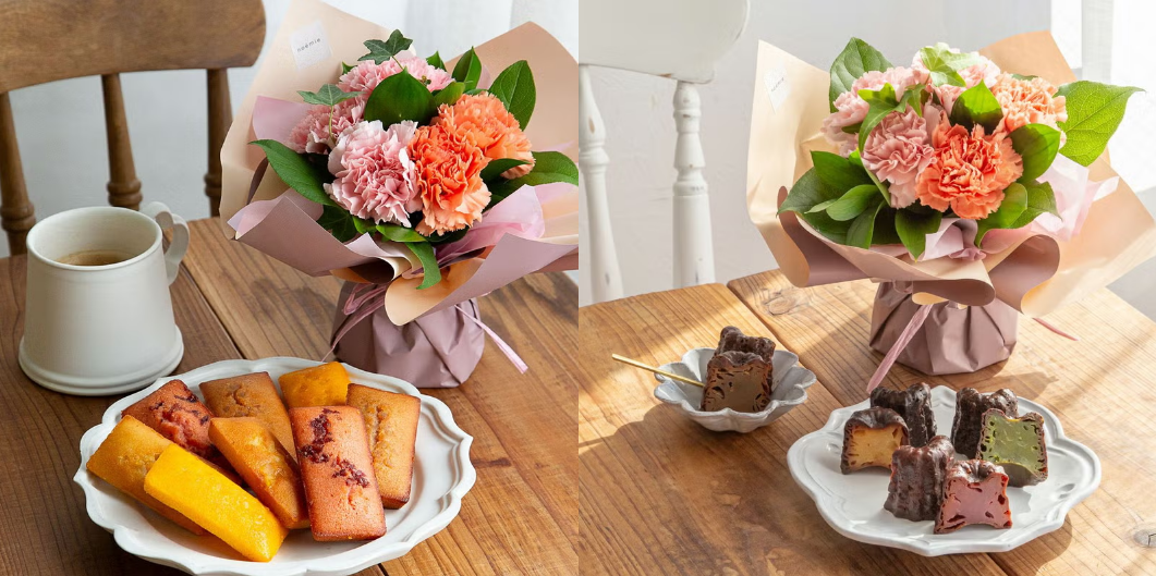 【母の日】銀座千疋屋“フィナンシェ”+そのまま飾れる花束セット 【母の日】SETRE“カヌレ”+そのまま飾れる花束セット